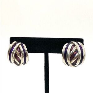 Clip Ons Clips Earrings Silver Tone Purple Maroon Enamel